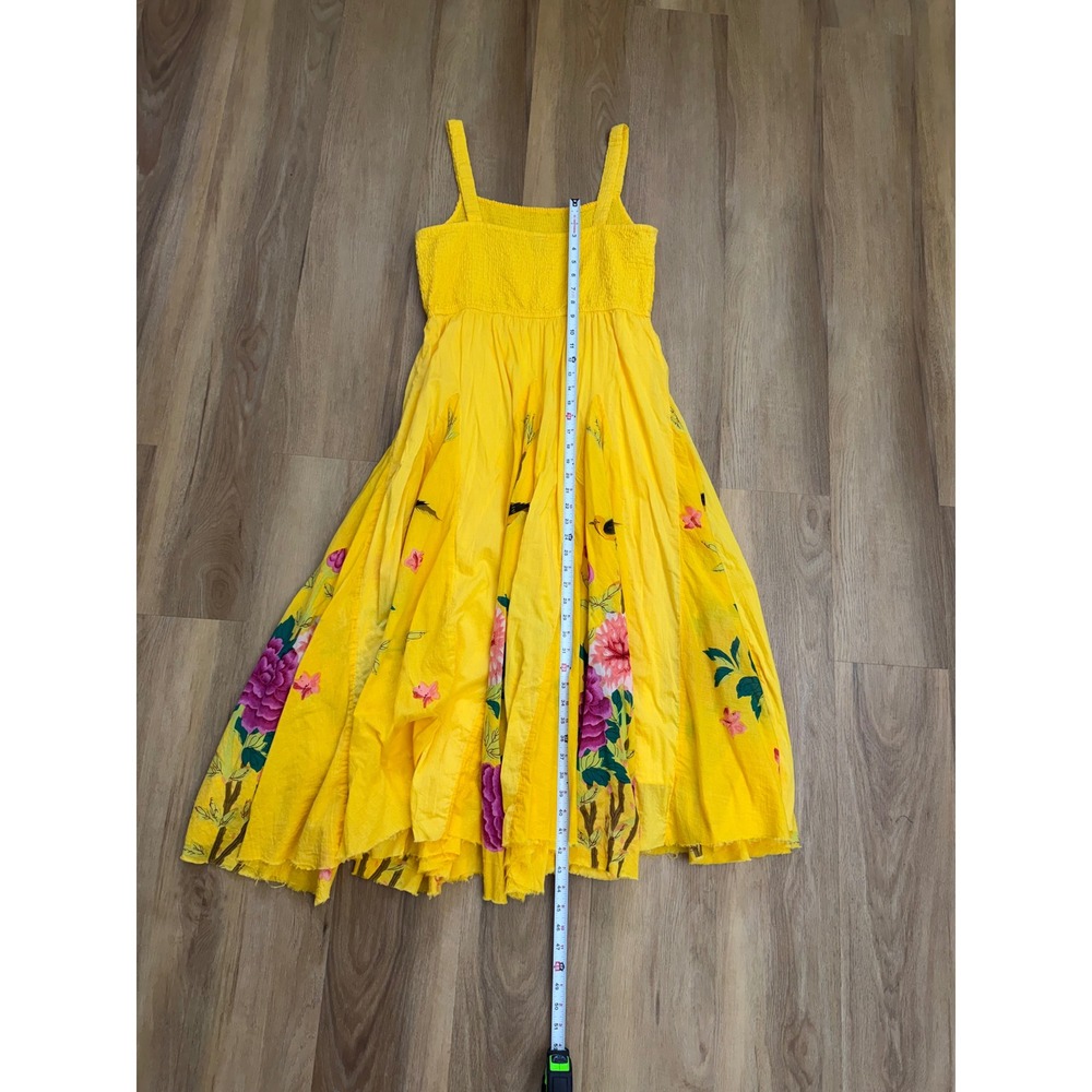 Sandy Starkman Yellow Floral Bird Smocked Cotton Midi Dress Large Whimsy - Picture 9 of 9